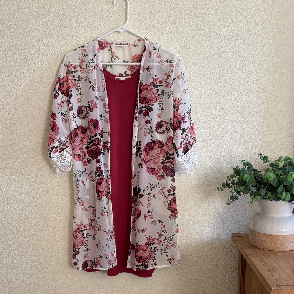 Floral Kimono Cardigan with Rose color Dress